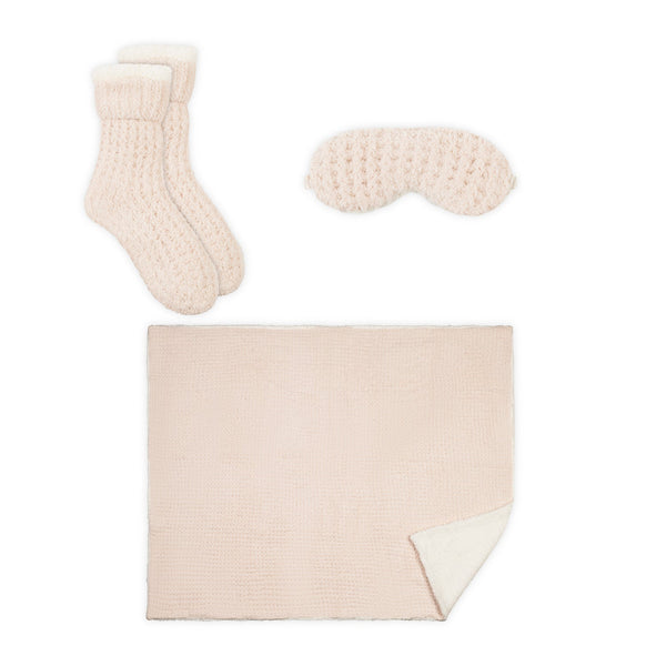 3pc Women's Sherpa Lined Cozy Waffle Set | Lemon featuring warm textured socks, a matching eye mask, and a soft blanket with sherpa lining for ultimate comfort and relaxation.