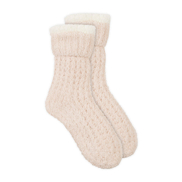 Pair of soft, cream-colored sherpa lined socks with cozy waffle texture, part of the 3pc Women's Sherpa Lined Cozy Waffle Set | Lemon for ultimate comfort and warmth.