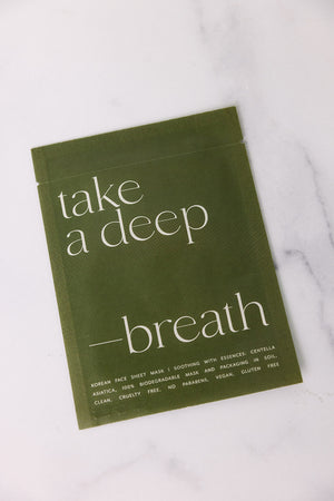 Green biodegradable pouch of Korean Sheet Mask - Take a Deep Breath | Lucky Owl, featuring clean, vegan skincare with Centella Asiatica, cruelty-free and gluten-free ingredients.
