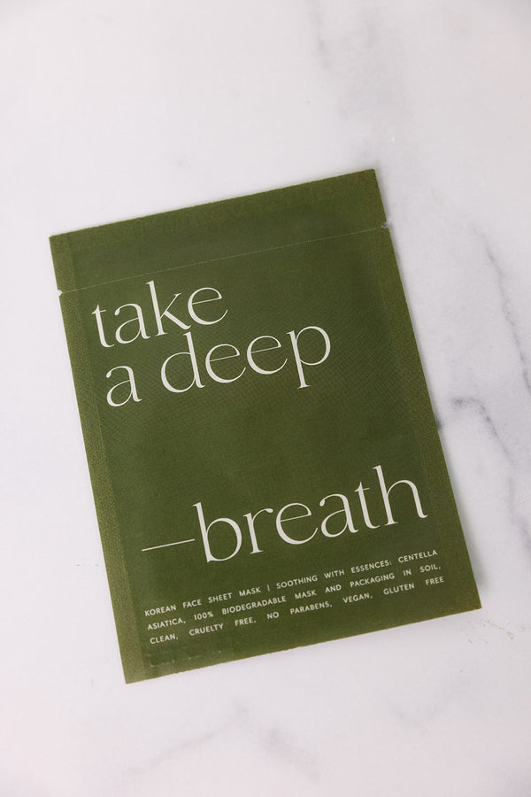 Green biodegradable pouch of Korean Sheet Mask - Take a Deep Breath | Lucky Owl, featuring clean, vegan skincare with Centella Asiatica, cruelty-free and gluten-free ingredients.