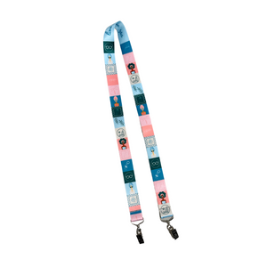 Retro Lanyard | Live Love Spa featuring a colorful, patterned design with alternating pink, blue, and white squares and metal clips at each end.