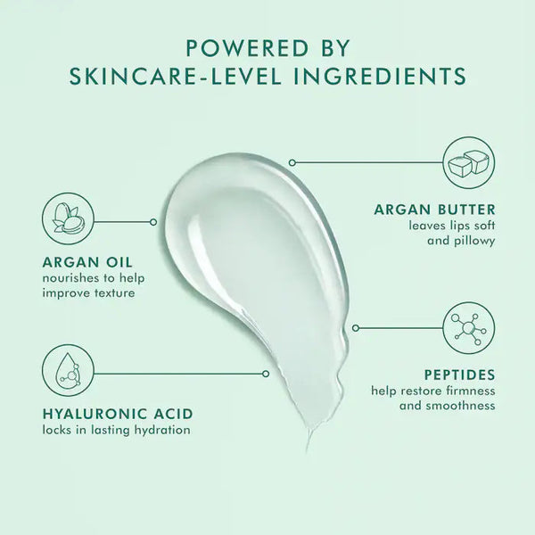 Close-up of a skincare ingredient graphic highlighting argan oil, argan butter, hyaluronic acid, and peptides with benefits, promoting Argan Butter Lip Balm | Moroccanoil.