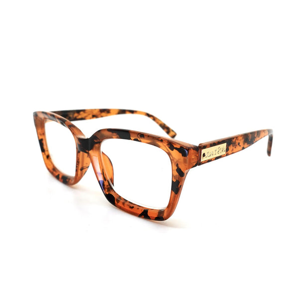 Chic Trendy Reading Glasses | Love You More featuring a stylish tortoiseshell pattern with a rectangular frame and subtle gold detailing on the temples.