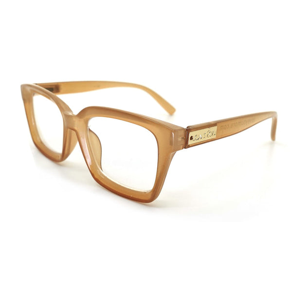 Chic Trendy Reading Glasses | Love You More featuring light brown translucent square frames with subtle gold detailing on the temples for a stylish, modern look.