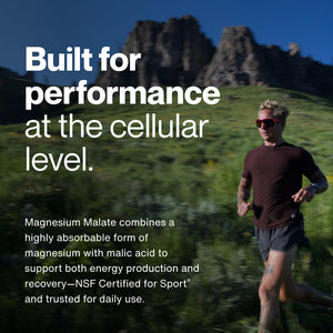 Magnesium Malate wellness supplement promotion featuring a runner on a mountain trail with messaging about cellular performance energy production and recovery