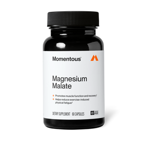Magnesium Malate bottle with a black cap and white label displaying the product name and orange logo on a white background
