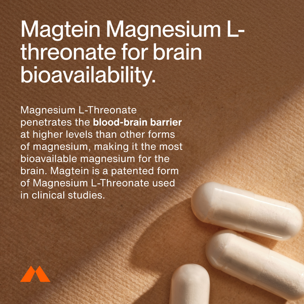 Magnesium L-Threonate capsules on textured fabric with text describing brain bioavailability and penetration of the blood-brain barrier