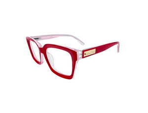 Chic Trendy Reading Glasses | Love You More featuring bold red and clear acetate frames with a modern square shape and gold accent on the temples.