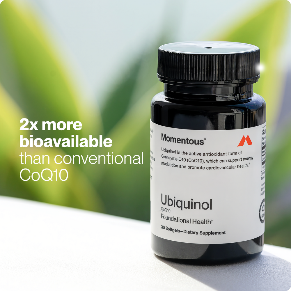 Bottle of Ubiquinol dietary supplement by Momentous featuring 30 softgels, promoting energy production and cardiovascular health with antioxidant Coenzyme Q10.