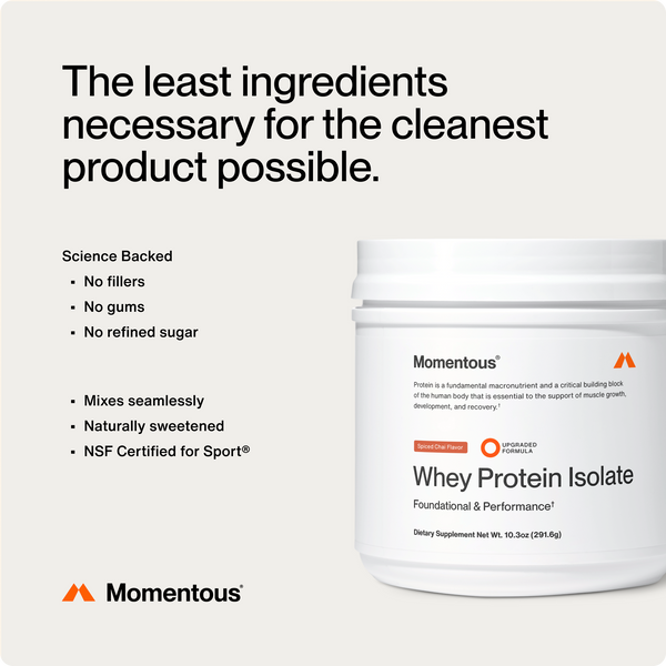 Whey Protein Isolate - Flavor Series by Momentous in a white tub highlighting no fillers no gums no refined sugar and NSF Certified for Sport