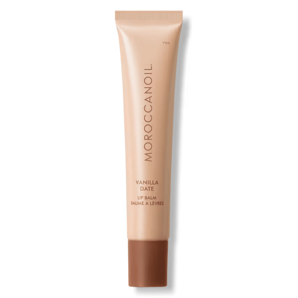 Argan Butter Lip Balm | Moroccanoil in a sleek beige and brown tube, designed for nourishing and moisturizing lips with a vanilla scent.