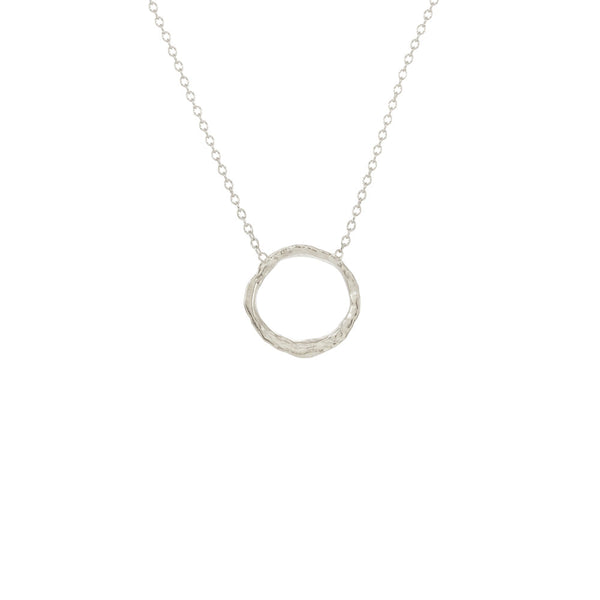 Delicate silver circle pendant necklace with a textured organic design on a fine chain, featuring the Small Opihi Circle Necklace | Catherine Weitzman Jewelry.