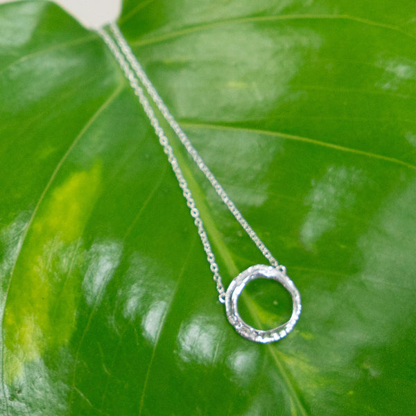 Small silver textured circle pendant on a delicate chain resting on a large green leaf, showcasing the Small Opihi Circle Necklace | Catherine Weitzman Jewelry.