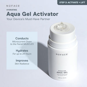 White bottle of Hydrating Aqua Gel | NuFACE with clear gel on top, highlighting its benefits to conduct microcurrent, hydrate skin for 24 hours, and improve radiance.