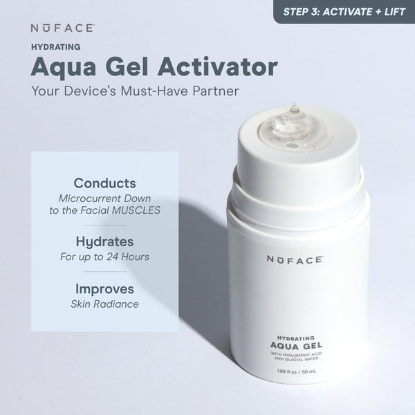 White bottle of Hydrating Aqua Gel | NuFACE with clear gel on top, highlighting its benefits to conduct microcurrent, hydrate skin for 24 hours, and improve radiance.