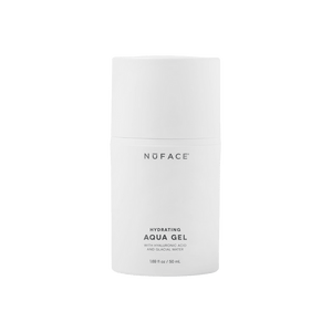 Hydrating Aqua Gel | NuFACE in a sleek white bottle, formulated with hyaluronic acid and glacial water for enhanced skincare hydration and wellness.