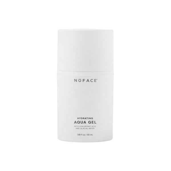 Hydrating Aqua Gel | NuFACE in a sleek white bottle, formulated with hyaluronic acid and glacial water for enhanced skincare hydration and wellness.
