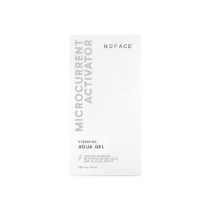White rectangular box packaging for Hydrating Aqua Gel | NuFACE with minimalist design, featuring text about microcurrent activator and skincare ingredients like hyaluronic acid.