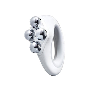 White handheld wellness device with four silver massage spheres designed for body contouring and skin care, NuBODY® | NuFACE.