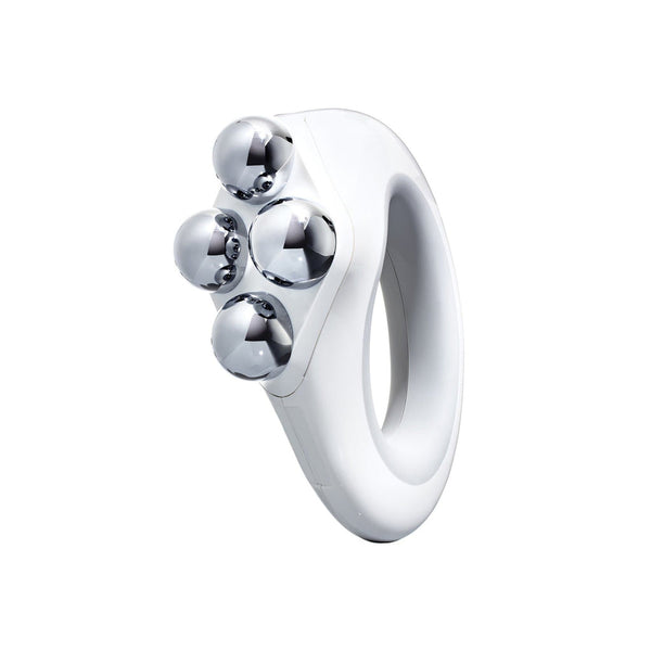 White handheld wellness device with four silver massage spheres designed for body contouring and skin care, NuBODY® | NuFACE.
