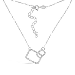 Silver necklace featuring two interconnected textured rectangular pendants on a delicate chain with adjustable clasp, Geometry Rectangles Necklace | Little Sparkles