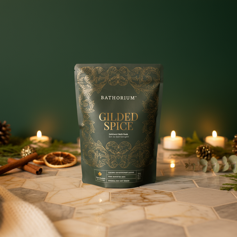 Gilded Spice Limited Edition Bath Soak | Bathorium in an elegant black and gold resealable pouch, designed for a luxurious skincare and wellness soak experience.