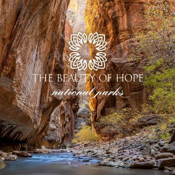 Scenic view of a sunlit canyon with rocky walls and a flowing river, featuring the logo and text "The Beauty of Hope national parks" overlaid, promoting the Acadia 8oz Candle | The Beauty of Hope.