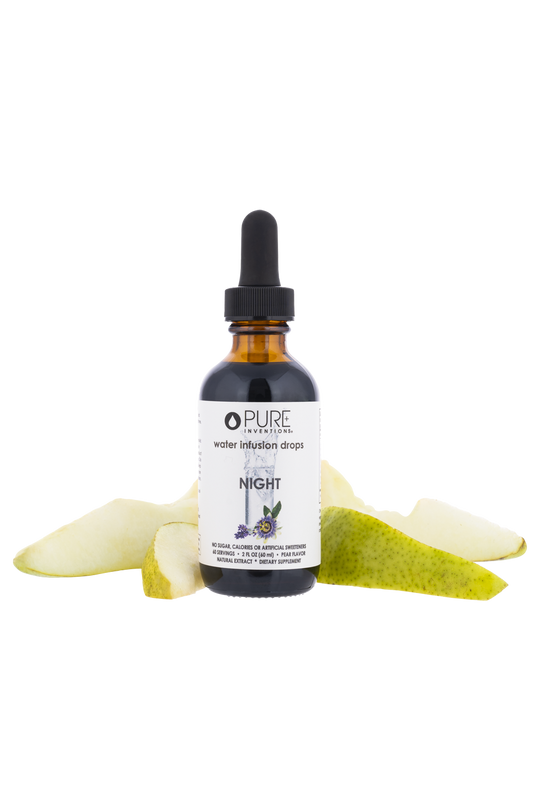 Bottle and packaging of Night Water Infusion Drops | Pure Inventions with pear flavor and natural extract for skincare and wellness supplements.