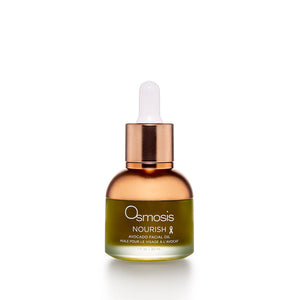Bottle of Nourish - Avocado Facial Oil | Osmosis with a green base and a copper-colored dropper cap, designed for skincare and wellness.