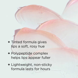 Close-up of glossy pink tinted lip enhancement complex with benefits text highlighting a rosy hue, fuller lips from polypeptide complex, and lightweight, non-sticky formula by ORMEDIC sheer pink lip enhancement complex | IMAGE Skincare.