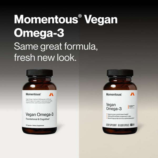 Vegan Omega-3 wellness supplement bottles featuring refreshed packaging and formula messaging on a neutral background