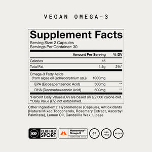 Vegan Omega-3 supplement facts label showing 1000 mg omega-3 fatty acids with 500 mg EPA and 500 mg DHA plus vegan and sport certifications