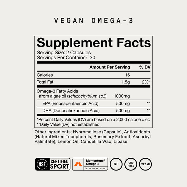 Vegan Omega-3 supplement facts label showing 1000 mg omega-3 fatty acids with 500 mg EPA and 500 mg DHA plus vegan and sport certifications