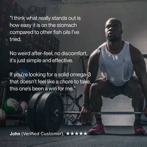 Omega-3 customer testimonial featuring a man lifting weights in a gym with text praising its easy digestion and effectiveness as a wellness supplement