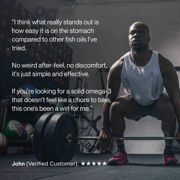 Omega-3 customer testimonial featuring a man lifting weights in a gym with text praising its easy digestion and effectiveness as a wellness supplement