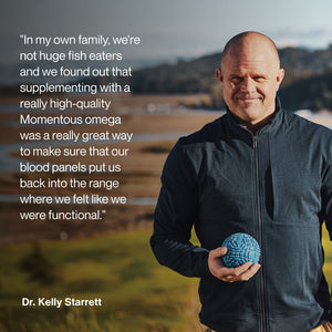 Man outdoors holding a blue textured ball, accompanied by a testimonial about supplementing with high-quality Omega-3 for improved wellness and functional health.