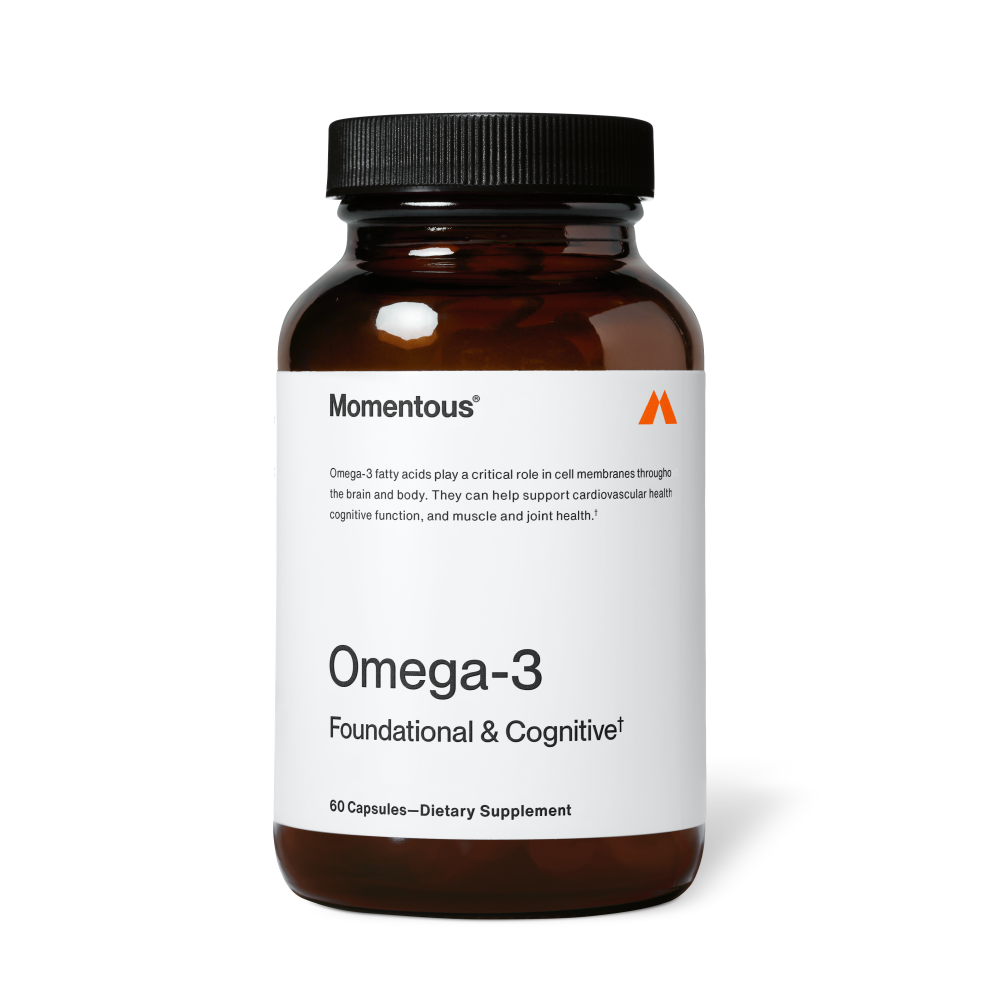 Amber glass jar of Omega-3 dietary supplement capsules labeled as foundational and cognitive support for cardiovascular, brain, muscle, and joint health.