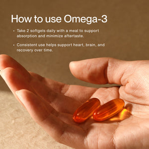 Close-up of a hand holding two orange Omega-3 softgel capsules with text instructions on taking two softgels daily with meals to support absorption and promote heart, brain, and recovery wellness over time.