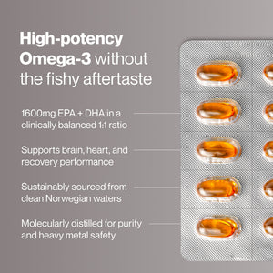Omega-3 Travel Packs capsules in blister packaging highlighted alongside text emphasizing high-potency omega-3 benefits, brain and heart support, sustainable sourcing, and purity through molecular distillation.