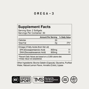 Supplement facts label for Omega-3 showing serving size of 2 softgels, 800mg EPA and 800mg DHA omega-3 fatty acids per serving, with additional ingredients and certification icons.