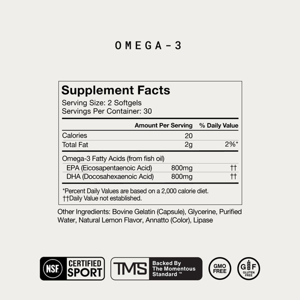 Supplement facts label for Omega-3 showing serving size of 2 softgels, 800mg EPA and 800mg DHA omega-3 fatty acids per serving, with additional ingredients and certification icons.