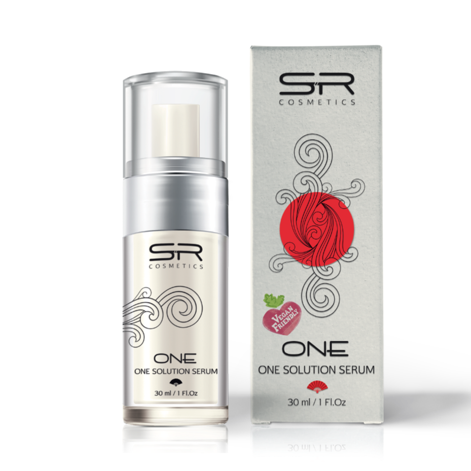 One Solution Serum | SR Cosmetics in a 30 ml pump bottle with matching decorative packaging featuring a red circular design and vegan-friendly label for skincare use.