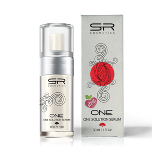 One Solution Serum | SR Cosmetics in a 30 ml pump bottle with matching decorative packaging featuring a red circular design and vegan-friendly label for skincare use.