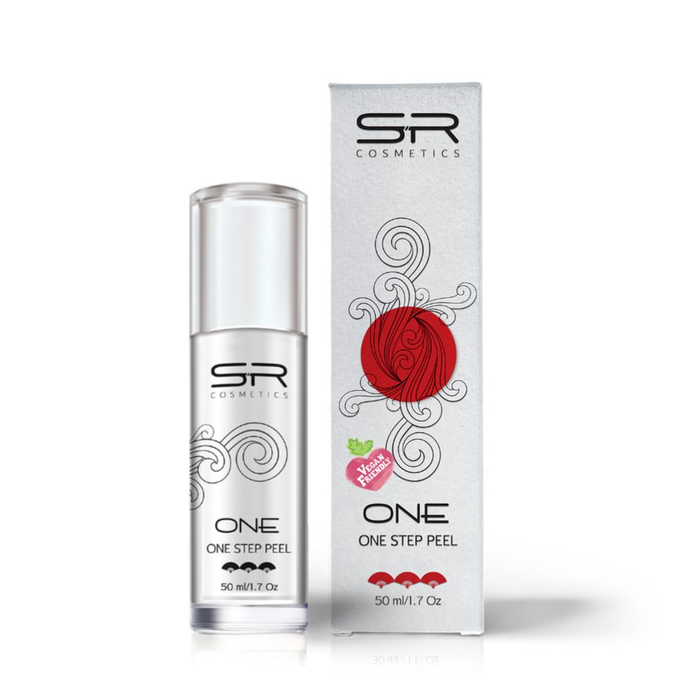 Bottle and box packaging of One Step Peel | SR Cosmetics, a skincare product with minimalist silver design and red decorative swirl pattern.