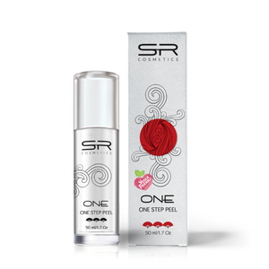 Bottle and box packaging of One Step Peel | SR Cosmetics, a skincare product with minimalist silver design and red decorative swirl pattern.