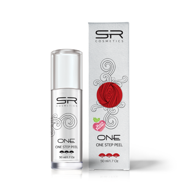 Bottle and box packaging of One Step Peel | SR Cosmetics, a skincare product with minimalist silver design and red decorative swirl pattern.
