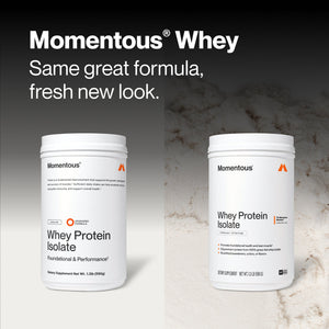 Whey Protein Isolate supplement containers shown in an original and updated package design beside a powdered background