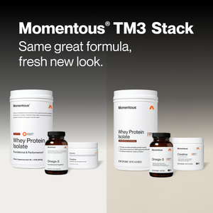 The Momentous Three wellness supplements featuring whey protein isolate omega 3 and creatine containers arranged in a clean product display