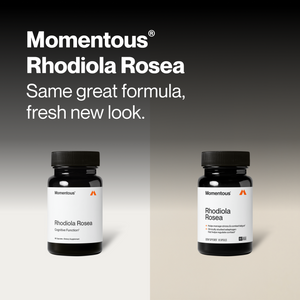 Rhodiola Rosea wellness supplements shown in two black bottles with white labels alongside text reading Same great formula fresh new look