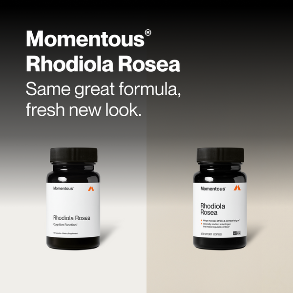 Rhodiola Rosea wellness supplements shown in two black bottles with white labels alongside text reading Same great formula fresh new look